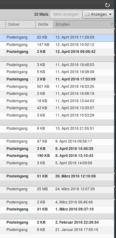 zimbra full date time mail list overview
